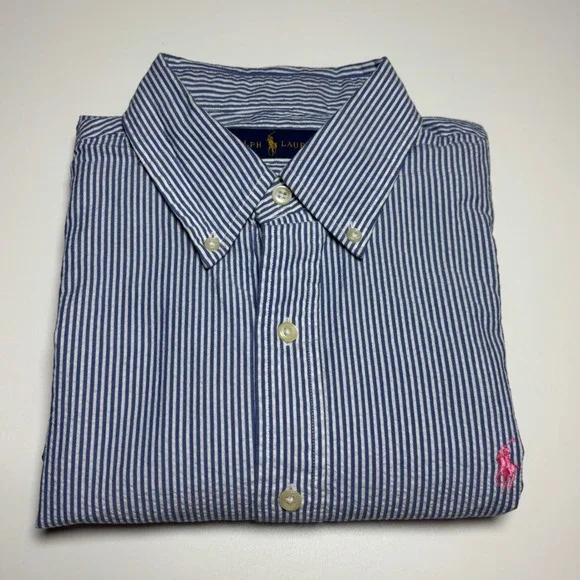 Ralph Lauren Seersucker Blue Striped  Mens Medium Short Sleeve Button Down Shirt - Picture 2 of 7